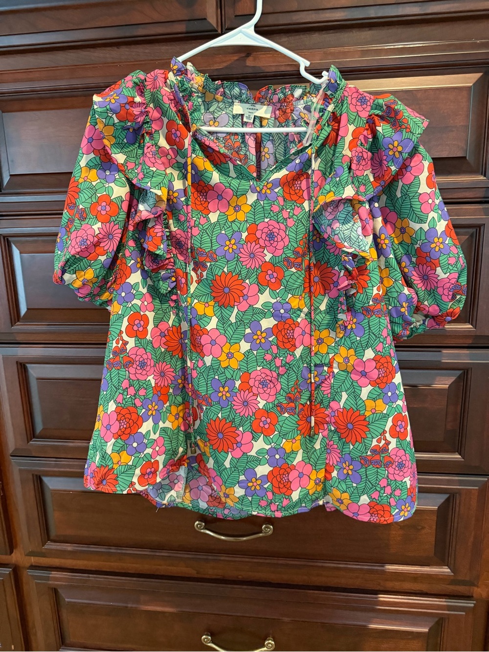 entro Floral Puff-Sleeve Blouse in Green, Pink, Red, Purple, Yellow
